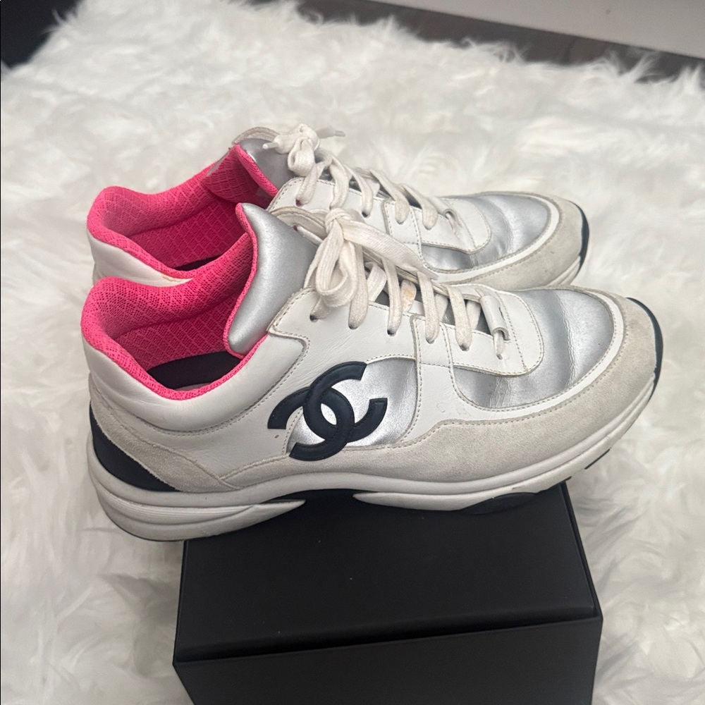 CHANEL White and Silver Sneakers with Pink Accents - Picture 3 of 6